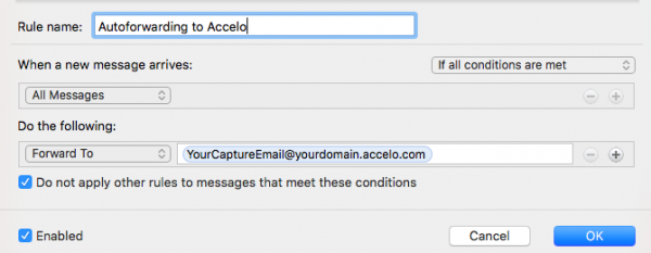 accelo rules autoforward