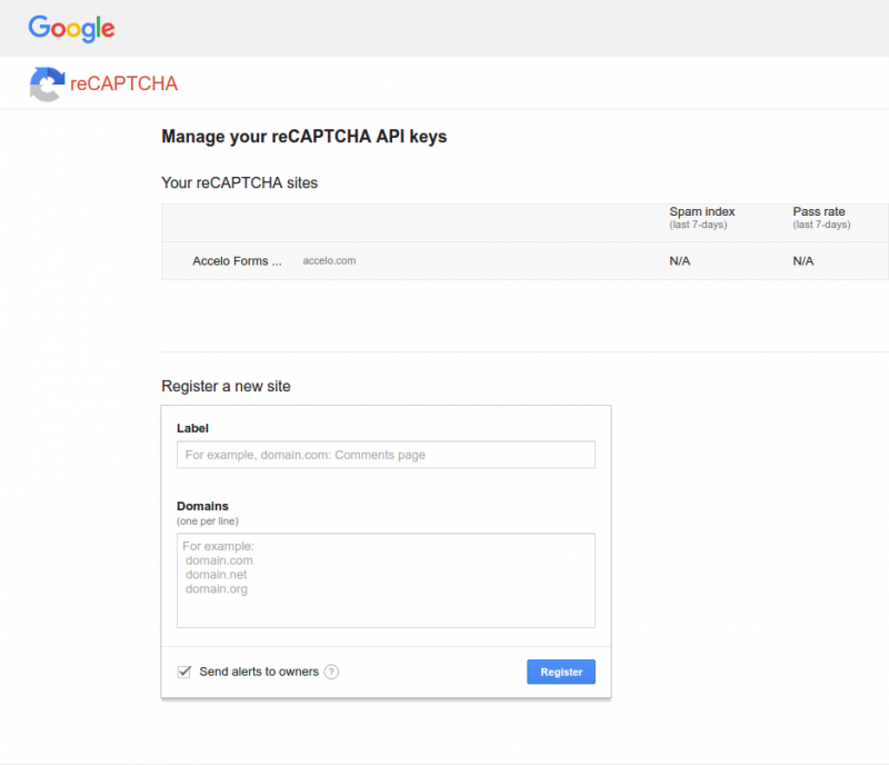 ReCAPTCHA Site Screen